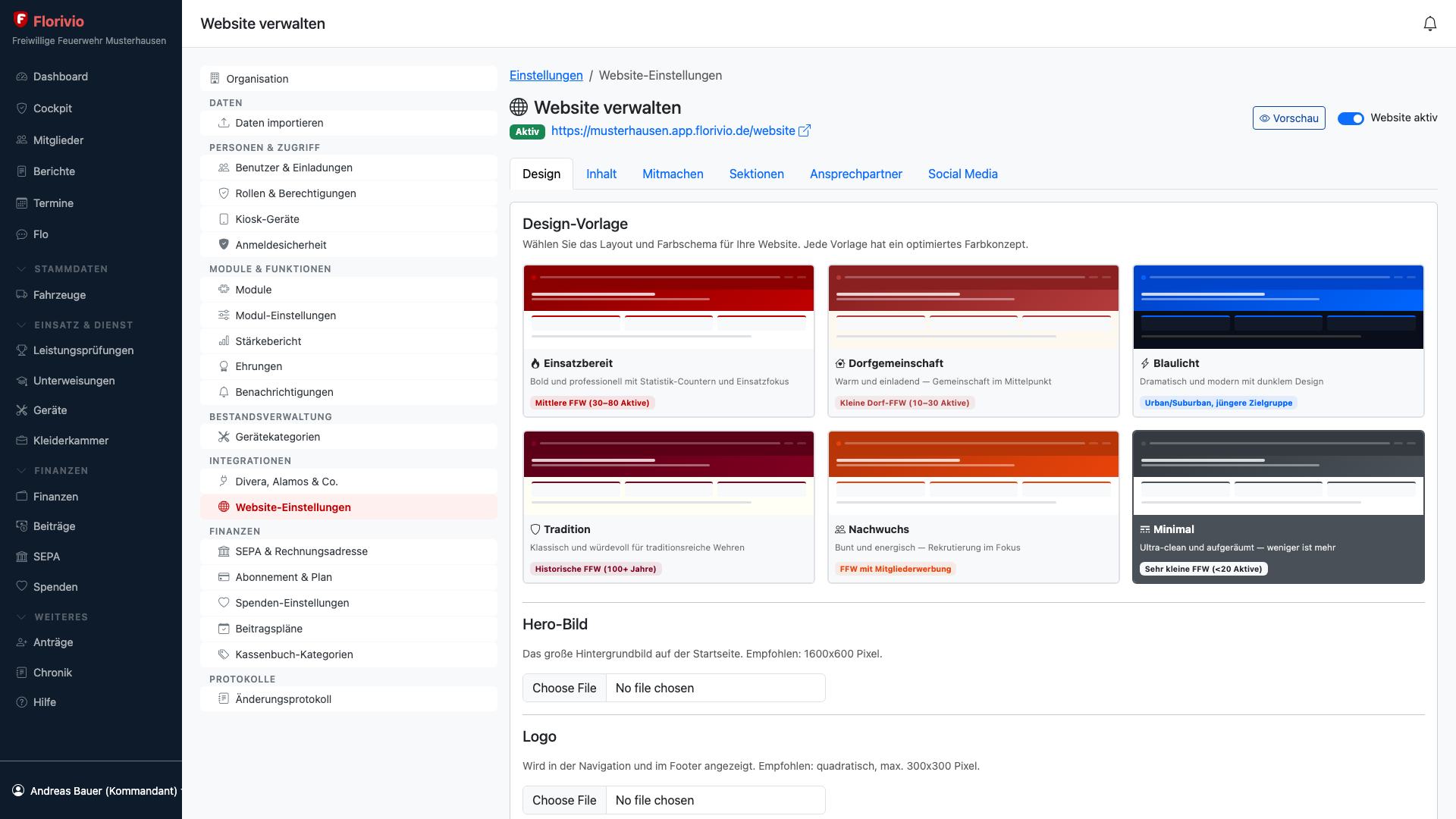 Website-Verwaltung: Design-Vorlagen, Inhalt und Social Media