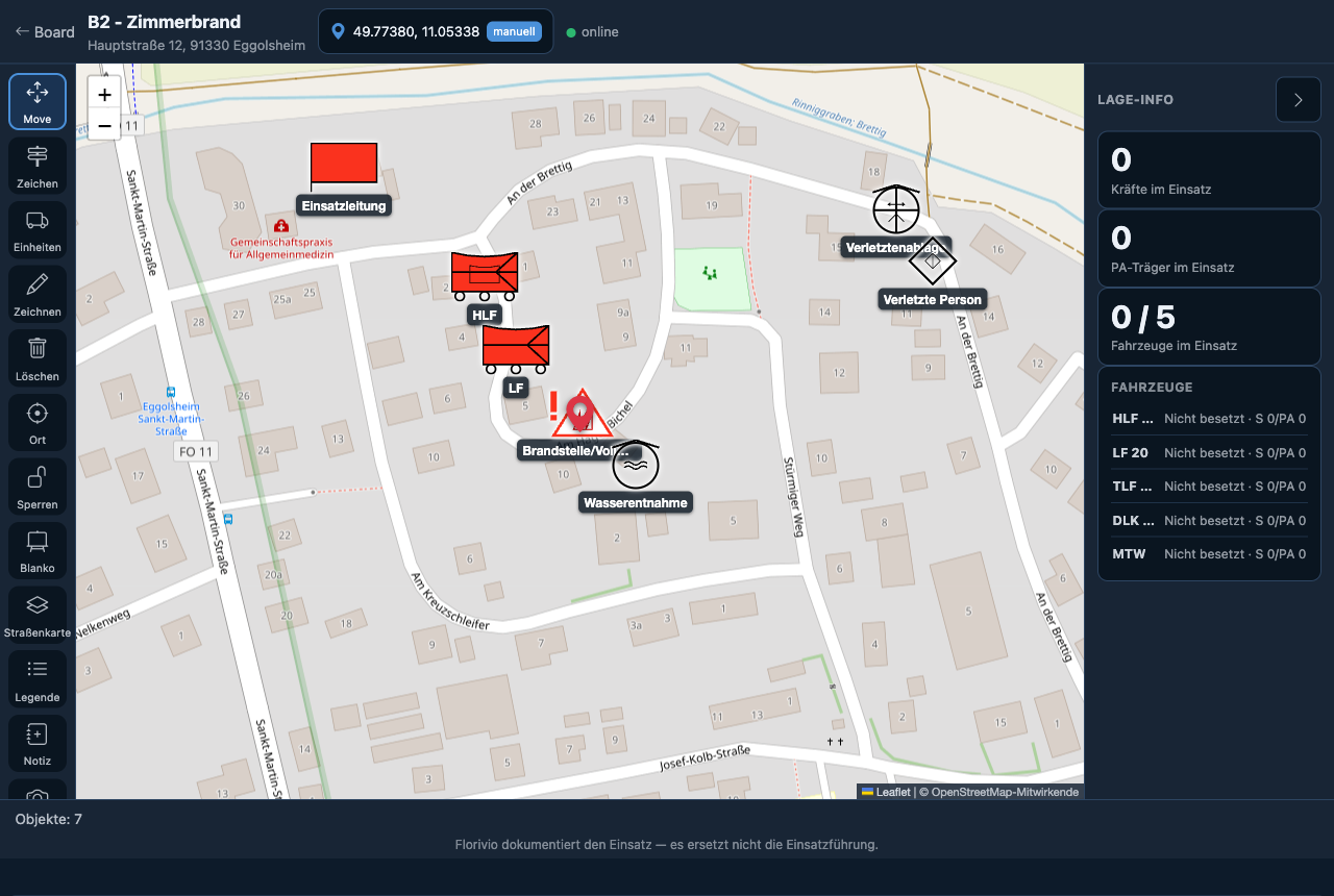 Dieselbe Lagekarte auf der Straßenkarte mit lesbaren Straßennamen — Layer-Umschalter zwischen Luftbild, Straßenkarte und Blanko
